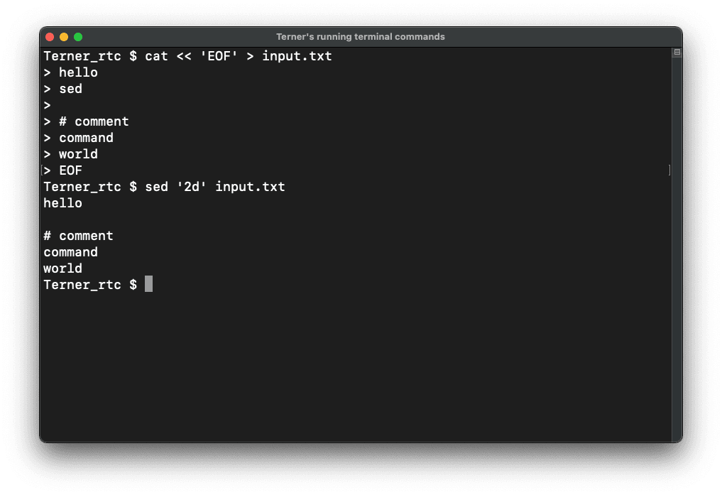 An example of deleting the second line using the sed command. The left side shows the content of input.txt before execution, and the right side shows the output after execution, where the second line has been deleted.