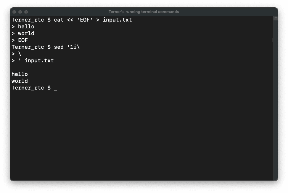 An example of creating input.txt using the cat command and adding a blank line to the beginning using the sed command.